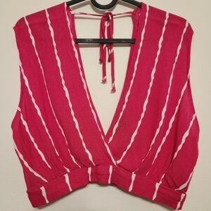 Pink & White Striped Cropped Deep Vneck Top